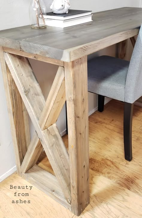 X Table Legs Diy, Farmhouse Table Desk, X Leg Table, Wooden Desk Legs Ideas, Farmhouse Style Desk, White Farmhouse Desk, Farm House Desk, Homemade Office Desk, Farmhouse Table Legs Diy