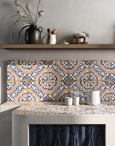 The Pamplona patterned porcelain tile takes inspiration from the famous Italian ‘Majolica’ tiles; traditionally designed and hand painted by artisanal craftsmen. For the modern day home, this porcelain replica decorative tile is perfect for kitchens, bathrooms, hallways and entrances alike. Iranian Tile, Quorn Stone, Majolica Tiles, Patterned Kitchen Tiles, Limestone Tiles, Patterned Tile, Patterned Tiles, Retro Tiles, Indoor Tile