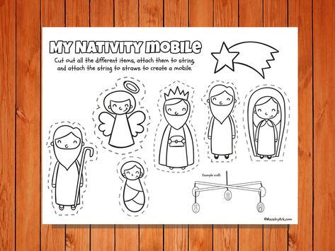 The 'My Nativity Mobile' craft printable is a fun craft that can be used to remind children of the Christmas story. Christmas Plays For Kids, Happy Birthday Jesus Party, Baby Jesus Craft, Nativity Craft, Kindergarten Christmas Crafts, Manger Christmas, Kids Church Activities, Jesus Crafts, Mobile Craft