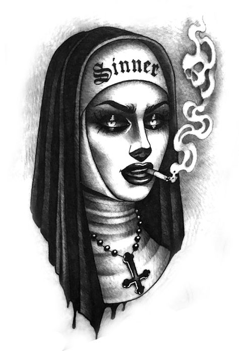 Bad Nun Tattoo Design, Gotik Tattoo, Full Hand Tattoo, Side Neck Tattoo, Rose Tattoos For Women, Clock Tattoo Design, Chicano Style Tattoo, Full Arm Tattoos, Gothic Rose