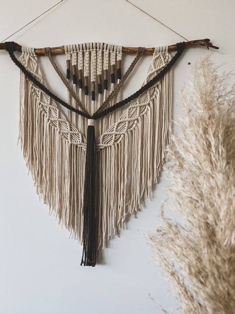 An elegant boho macrame wall hanging with hints of green and dark beige Aztec Macrame Wall Hanging, Brown Macrame Wall Hanging, Dark Macrame Wall Hanging, Witchy Macrame Wall Hanging, Wall Makramee, Dark Macrame, Macrame Wall Hanging Ideas, Wall Macrame, Brown Macrame