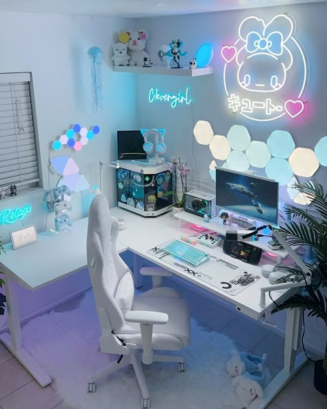 happy weekend from my gaming setup✨🤍 ⋆..𖥔 ݁ ˖*:･༄ don’t forget to follow for more tech | gaming | desk setup inspo | theme setups | cinnamoroll | futuristic content and more…. ପ૮๑ᵔ ᵕ ᵔ๑ აଓ #futuristic #futuristicstyle #futuristicdesign #masseffect #n7 #gamingpc #sanriolove #gamingcommunity #desksetup #technisport #gamingsetup #kawaiigaming #deskview #whitesetup #handheldgaming Cinnamoroll Gaming Setup, Blue Gaming Setup, My Gaming Setup, Gamer Bedroom, Gaming Desk Setup, Cute Office Decor, Gamer Room Decor, Supermarket Design, Video Game Room Design