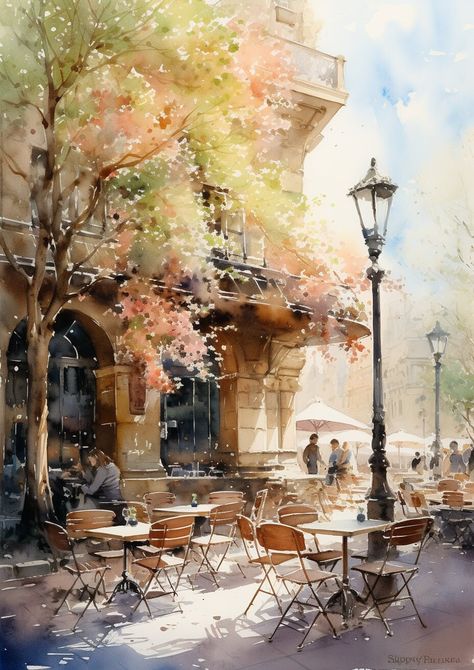 Spring Restaurant, Cafe Painting, European Cafe, Watercolor Architecture, Paris Vacation, Architecture Graphics, France Italy, Architectural Prints, Cityscape Art