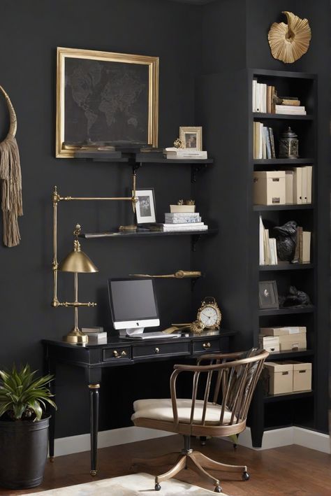 Home decor ideas, Interior design services, Office interior design, Black office decor Poplar Cabinets, Home Office Paint, Office Interior Decor, Benjamin Moore Wrought Iron, Tricorn Black, Paint Guide, Home Office Interior, Office Paint, Color Home