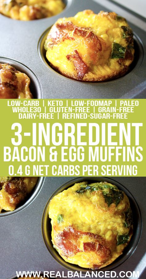 3-Ingredient Bacon & Egg Breakfast Muffins: low-FODMAP, paleo, keto, Whole30 compliant, low-carb, gluten-free, grain-free, dairy-free, and sugar-free! 0.4g net carbs per serving! Bacon Egg Breakfast, Egg Breakfast Muffins, Keto Breakfast Muffins, Bacon Eggs Breakfast, Egg Diet Plan, Vegan Muffins, Boiled Egg Diet, Egg Recipes For Breakfast, Low Carb Breakfast Recipes