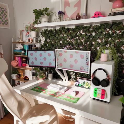 Pink And Green Setup, Dual Monitor Setup Aesthetic, Wfh Desk Setup Dual Monitor, Pink And Green Gaming Setup, Dual Monitor Desk Workspaces, Dual Monitor Setup Home Office Ideas, Two Monitor Desk Setup Office, Pink Home Office, Orange Office