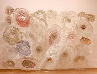 Yvette Kaiser Smith.   Wall-hung Crochetted Fiberglass: Misconception.  2002. 79”x 111”x 39”.  Crocheted fiberglass, polyester resin, enamel. Crochet Sculpture, Cardboard Sculpture, Elements And Principles, Organic Art, Contemporary Textiles, Knit Art, Wire Crochet, Principles Of Design, Wire Sculpture