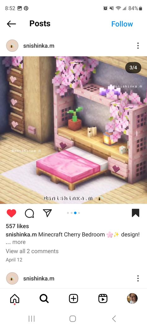 Cute Minecraft Interior Design Bedroom, Cute Decorations Minecraft, Minecraft Pink Bedroom Ideas, Minecraft Bed Designs Pink, Cherry Blossom Living Room Minecraft, Girly Minecraft Builds Interior, Minecraft Bed Ideas Pink, Pink Bed Minecraft, Minecraft Cherry Blossom Furniture