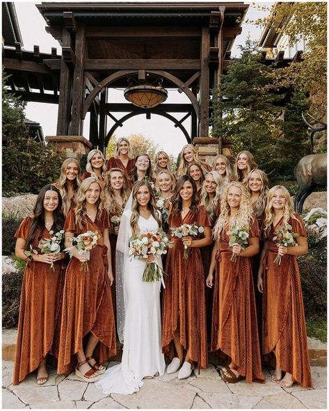 Velvet bridesmaid dress colors, types and styling ideas for hair and shoes! #bridesmaid #velvetdress Burnt Orange Bridesmaid Dresses, Rust Bridesmaid Dress, Rusting Wedding, Velvet Bridesmaid, Orange Bridesmaid, Fall Bridesmaids, Burnt Orange Weddings, Thanksgiving Wedding, Orange Bridesmaid Dresses