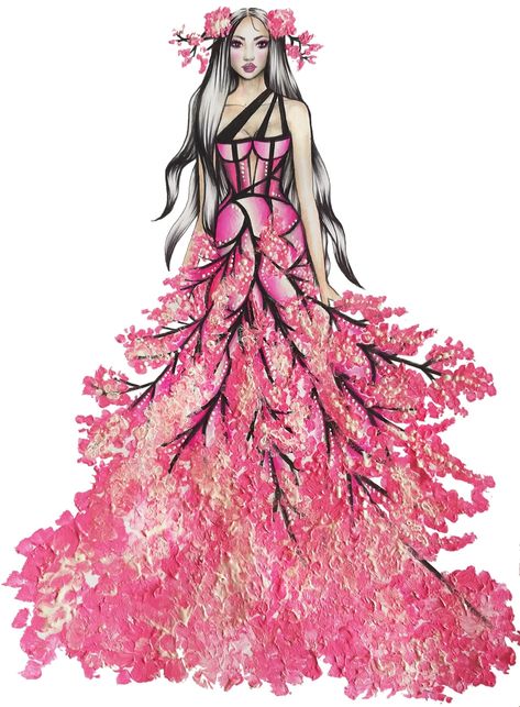 Spring cherry blossom tree inspired dress by @ursulaillustration fashion illustration sketch Nature Inspired Dress Sketch, Cherry Blossom Inspired Fashion, Forest Themed Dress, Cherry Blossom Inspired Dress, Cherry Blossom Inspired Outfit, Spring Dress Drawing, Nature Fashion Illustration, Flower Inspired Dress Illustration, Cherry Blossom Dresses