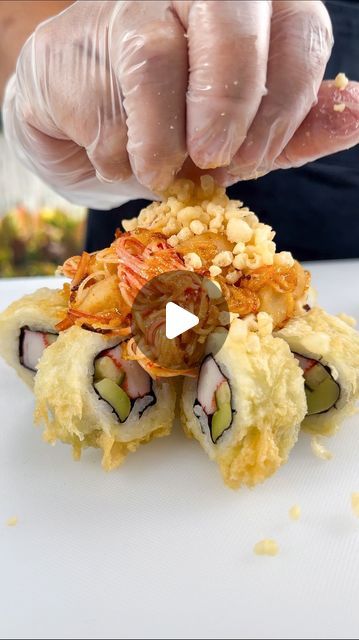 WΛVE 波 Asian Bistro & Sushi on Instagram: "FUJI ROLL 🍣🌋One of the newest sushi rolls to grace our menu! 😍 This beauty is made with a baked scallop/spicy krab mixture over a fried California roll topped with white sauce, eel sauce, masago, and green onion! What’s not to love?! Would you take a bite?! 🤤" Fried California Roll, Fried Sushi Rolls, Eel Sauce, Fried Sushi, Asian Bistro, Baked Scallops, California Roll, White Sauce, Green Onion