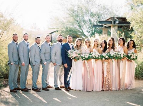 All Blue Bridal Party, Realistic Wedding, Vegas Wedding Dress, Bridal Parties Colors, Pink Green Wedding, Wedding Groomsmen Attire, Groom And Groomsmen Suits, Groomsmen Grey, Blush Pink Bridesmaids