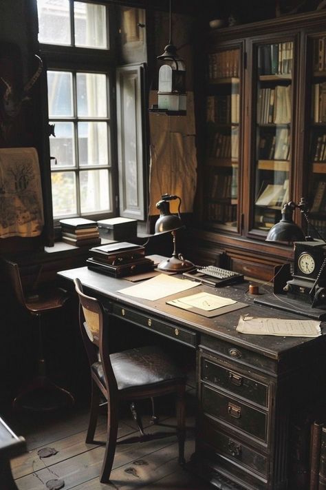 Old School Room, Academia House, Writer's Office, Dark Academia Interior, Vintage Decor Ideas, Old Office, Small Space Office, Timeless Home, Book Room