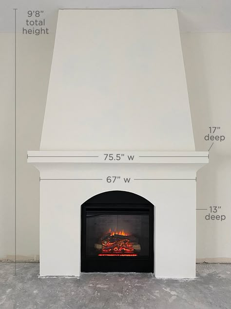 European Style Fireplace, Tapered Chimney Fireplace, Tapered Fireplace Chimney, Diy Arched Fireplace, Modern French Country Fireplace, Plaster Fireplace With Wood Mantel, Fireplace With Arch, Plaster Fireplace Ideas, White Plaster Fireplace