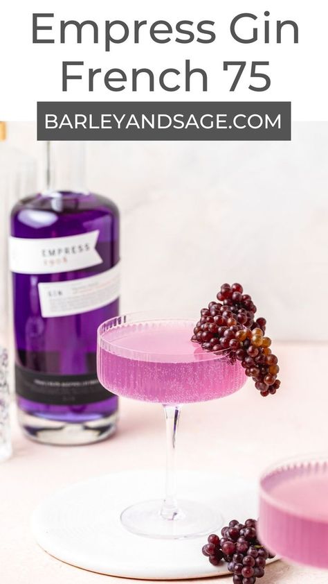 This French 75 cocktail is made with Empress 1908 gin, champagne, lemon juice, and garnished with the cutest champagne grapes! It's a refreshing, slightly sweet cocktail that's perfect for any occasion from casual brunch to your New Year's Eve party! Cocktails For A Group, Grape Crostini, Fun Coffee Drinks, Romantic Chocolate, French 75 Recipe, Gluten Free Cocktails, Baby Shower Cocktails, French 75 Cocktail Recipes, Empress Gin