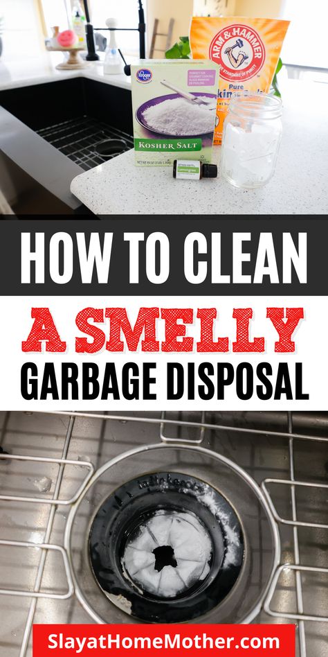 Tired of smelly your stinky garbage disposal? Try this easy cleaning hack to clean and deodorize your disposal - it really works! No vinegar required. #cleaninghacks #slayathomemother #cleaningtips #cleaning #cleanhome How To Clean Garbage Disposal Smell, How To Get Rid Of Garbage Disposal Odor, Smelly Garbage Disposal, Garbage Disposal Odor, Clean Garbage Disposal, Stinky Garbage Disposal, Smelly Sink, Deep Cleaning Lists, Cleaning Disposal