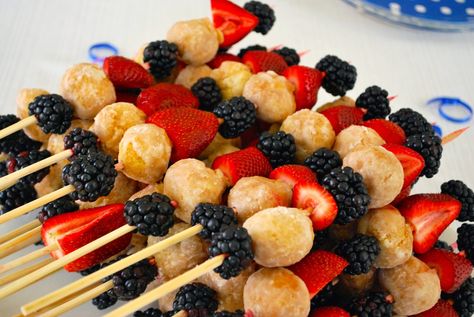 Donut & Fruit Brunch Kabobs | Bevy Richmond Donut Fruit Kabobs, Fruit And Donut Kabobs, Brunch Kabobs, Mini Donut Holes, Charcuterie Sticks, Donut Kabobs, Cake Kabobs, Breakfast Kabobs, Glazed Donut Holes