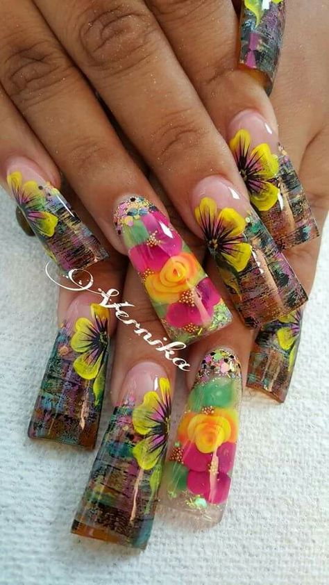 Hawaiian nail art idea on duck feet nails| flare tip nails | fan nails wide| decorado de unas Duck Nails, Minimalist Nail Art, Long Nail Designs, Flower Nail Designs, Hawaiian Flower, Exotic Nails, Blue Nail Designs, Long Square Acrylic Nails, Rainbow Nails