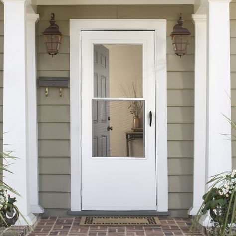 Shop Comfort-Bilt Bismarck White Mid-View Tempered Glass Wood Core Standard Half Screen Storm Door (Common: 36-in x 81-in; Actual: 35.75-in x 79.875-in) at Lowes.com Door With Black Handle, Industrial Front Doors, Half Screen, Antique French Doors, Storm Doors, Modern Entrance, Wood Core, Shop Doors, Storm Door