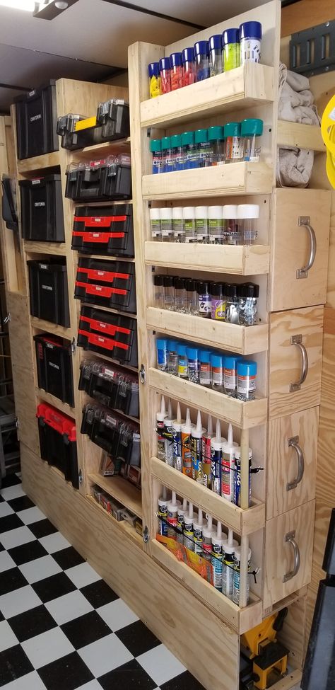 Work Trailer Tool Storage, Cargo Van Tool Storage Ideas, Electrical Tool Storage Ideas, Work Trailer Shelving Ideas, Trailer Shelf Ideas, Cargo Trailer Tool Storage Ideas, Workshop Shelving Ideas, Semi Trailer Storage Shed, Cargo Trailer Organization Ideas