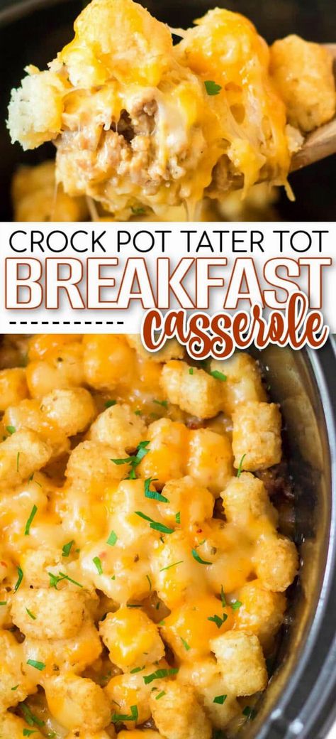 Wake up to a warm and comforting breakfast with this slow-cooked tater tot casserole, perfect for starting your day on a delicious note. Crockpot Eggs And Sausage, Crock Pot Breakfasts Overnight, Overnight Breakfast In Crockpot, Breakfast Crock Pot Casserole, Crock Pot Meals Breakfast, Brunch Crock Pot Ideas, Easter Brunch Crockpot Recipes, Brunch Carry In Ideas, Tatertot Breakfast Casserole Crockpot