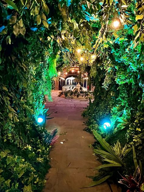 Created using our fire retardant and artificial foliage. How stunning is this tunnel? It is perfect as an entrance or as a feature piece. Even better yet, they can be customised and bespoke to your choice. Speak to our team: www.event-trees.com , for more information. Jungle Theme Decorations, Quinceanera Themes Dresses, Painting Exhibition, Enchanted Forest Theme, Event Entrance, Neon Jungle, Tree Tunnel, Party Entrance, Minute Maid Park