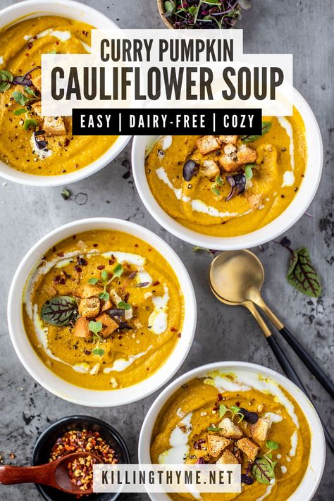 This creamy pumpkin and roasted cauliflower soup will cozy you right up with it's warming aroma and spiced flavors. #soup #cauliflower #pumpkin #seasonal #fall #autumn #curry Cauliflower Pumpkin Soup, Roasted Cauliflower Curry Soup, Pumpkin Cauliflower Curry, Pumpkin And Cauliflower Soup, Pumpkin Cauliflower Soup, Healthy Pumpkin Soup Recipe, Cauliflower Recipes Soup, Cauliflower Curry Soup, Curry Cauliflower Soup