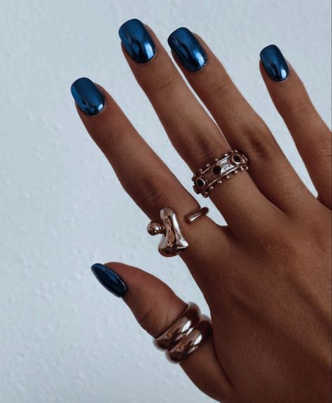 Indigo Blue Nails Design, Chrome Navy Blue Nails, Navy Blue Chrome Nails, Dark Blue Chrome Nails, Chrime Nails, Navy Nails Design, Denim Nails, College Nails, Cobalt Blue Nails