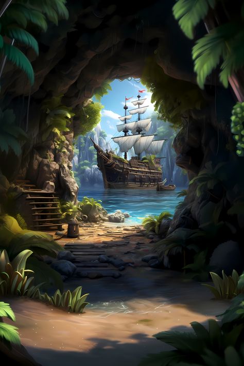 #phonewallpaper #free #abstractart #aidigitalart #digitalprint #aiart #aigeneratedart #midjourney #walldecor #dorm #homedecor #abstract #wallart #piratecove #tropical #paradise #hidden #cave #vintageship Pirate Island Aesthetic, Pirate Fort, Tortuga Pirates, Pirate Ship Anime Background, Pirate Cave, Paradise Island Fantasy Art, Pirate Ship Wallpaper Iphone, Pirate City, Pirate Hideout