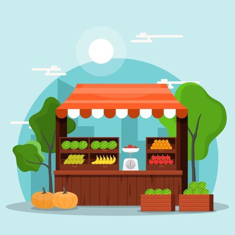 Fresh Fruit Vegetable Store Stall Stand Grocery in Market Illustration Fruit Market Illustration, Fruit Stand Drawing, Market Illustration, Fruit Stall, Birthday Chart, Vegetable Stand, Fruit Shop, Fruit Stands, Market Stalls