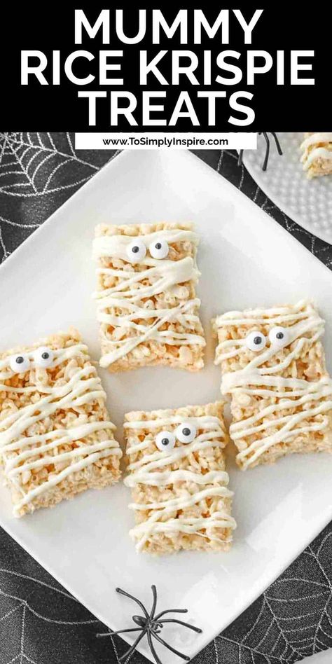 Halloween Rice Crispy Treats, Halloween Rice Krispies, Mummy Treats, Halloween Rice Krispie Treats, Homemade Rice Krispies Treats, Delicious Halloween Treats, Melted White Chocolate, Candy Eyes, Krispie Treats Recipe