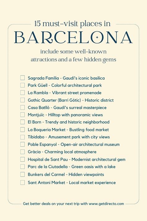 Discover the 15 Iconic Places to Visit in Barcelona. Save for your next trip! Barcelona Travel Checklist, Places To Visit In Barcelona Spain, Places To Go In Barcelona, Barcelona Spain Travel Itinerary, Barcelona To Do List, Barcelona Weekend Trip, Barcelona In January, Trip To Barcelona Spain, Barcelona Trip Things To Do