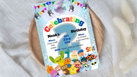 Super Simple Songs birthday invitation, Editable template, Super simple birthday party, Super simple customisable party invite, kids party by JoFortuneDesigns on Etsy Party Artwork, Simple Songs, Super Simple Songs, Simple Birthday Party, Anniversaire Diy, Share Button, Simple Birthday, Button Top, Party Invite