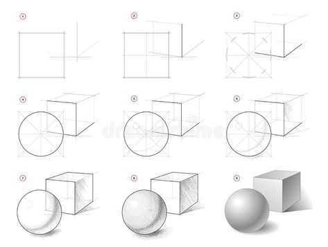 How to draw step-wise still life sketch of geometric shapes, cube, ball. Creation step by step pencil drawing. royalty free illustration Still Life Sketch, Geometric Shapes Drawing, Life Sketch, Pencil Drawings For Beginners, Perspective Drawing Lessons, How To Draw Steps, Nature Sketch, Geometric Shapes Art, Object Drawing