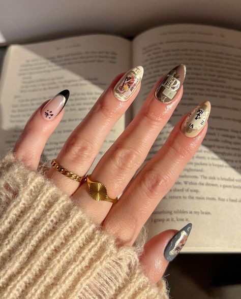 so tortured, so poetic 📝🪶📖 happy #TTPD eve🤍 @lightslacquer dream st, iced latte, or worse expelled, cold case, tuxedo mask, earth angel & bibliotheque nail art tattoos 📰🗃️🤎 In true swiftie fashion, I hid a few easter eggs in this look, can you spot them?? I am SO excited for the tortured poets department, I cannot put it into words!! I had so much fun creating this look for tonight’s release, who else will be listening at midnight🙋🏼‍♀️📑🎧 Ttpd Nail Ideas, Pride And Prejudice Nails, Tortured Poets Department Nails, Taylor Swift Nail Ideas Eras Tour, Book Nails, Taylor Swift Nails, Photos Of Taylor Swift, Taylor Swift Party, Nail Pops