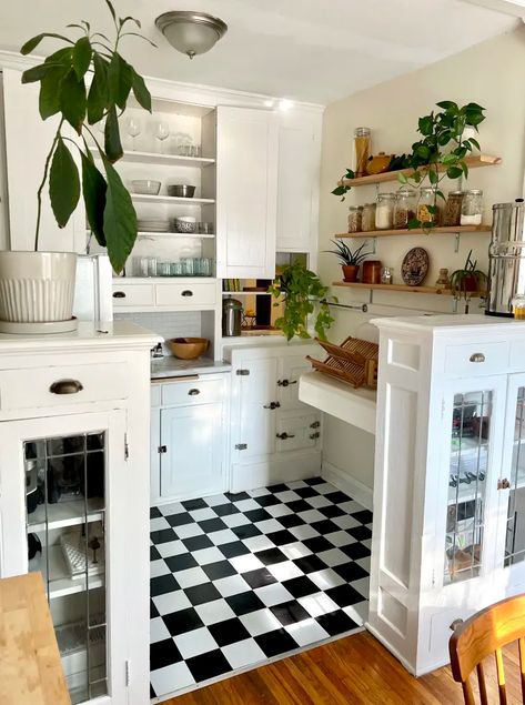 See Photos Of A 1920s Apartment With Original Features | Apartment Therapy Checkered Floor Kitchen, Kitchen Hutches, Minneapolis Apartment, 1920s Kitchen, Peel And Stick Floor, Apartment Vibes, Kitchen Transformation, Apartment Kitchen, Nyc Apartment