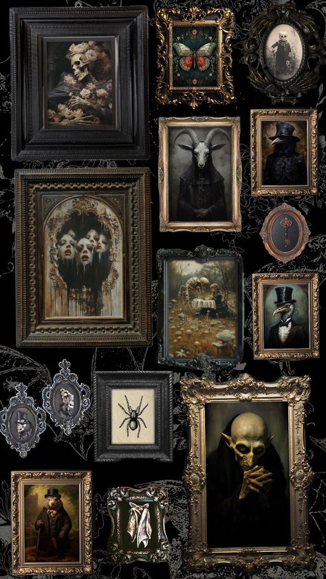 Gallery of Odd & Macabre #macabre #art #whimsey Antique Gallery Wall, Victorian Gothic Interior, Goth Interior, Gothic Bar, Dark Cottagecore Decor, Macabre Decor, Gothic Interior, Modern Gothic, Dark Academia Decor