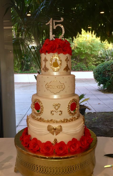 I made this Beauty and the beast 3 tier cake with gum paste roses Red Roses Quinceanera Cake, Beauty And The Beast Cakes Quinceanera, Quince Red Cake Ideas, Xv Cakes Red And Gold, Red White And Gold Quinceanera Cakes, Red Beauty And The Beast Quinceanera, Quince Cakes Red And White, Red And Gold Sweet 16 Cake, Red And Gold 15 Cake