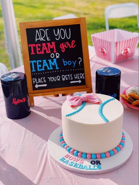 Baseballs Or Bows Gender Reveal Cake, Baseball Or Bows Cake, Gender Reveal Ideas Baseball Theme, Baseball Themed Gender Reveal Party, Baseball Or Bows Gender Reveal Decor, Baseball Gender Reveal Cake, Baseball Gender Reveal Party Decorations, Baseball And Bows Gender Reveal Ideas, Gender Reveal Baseball Or Bows