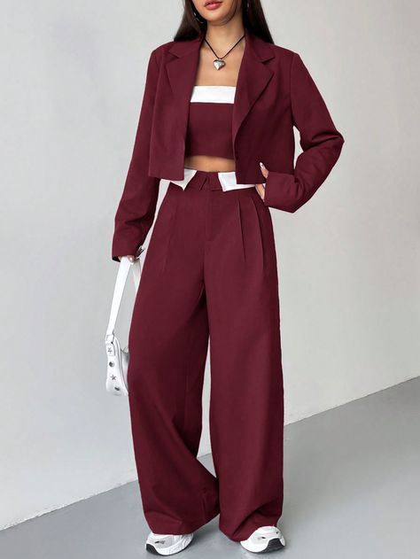 Women's Spring & Autumn Casual Solid Color Lapel Collar Long Sleeve Jacket, Contrast Color Tube Top And Wide Leg Pants Loose Suit Set Burgundy Elegant    Plain  Non-Stretch  Women Clothing, size features are:Bust: ,Length: ,Sleeve Length: Suite For Women Stylish, Outfit Jas, Womens Fashion Suits, Dark Red Suit, Maroon Suit, Loose Suit, Top And Wide Leg Pants, Maroon Outfit, Church Fits