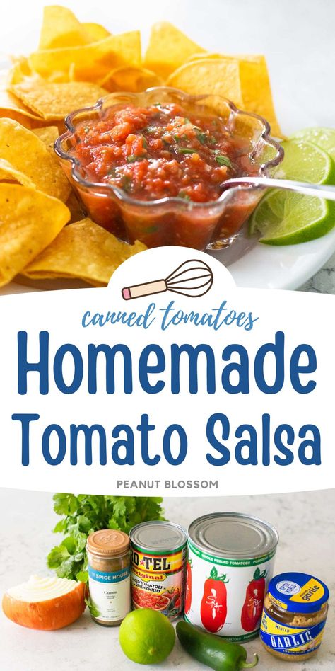 Make this easy homemade salsa with canned tomatoes for the best restaurant style salsa you've ever had! Fresh veggies and spices get mixed in quickly with a food processor for a smooth tomato salsa in a pinch. Chipotle Tomato Salsa, Homemade Salsa For Canning, Homemade Canned Salsa, Salsa For Canning, Salsa With Canned Tomatoes, Canning Homemade Salsa, Canned Salsa Recipes, Easy Homemade Salsa, Canning Salsa