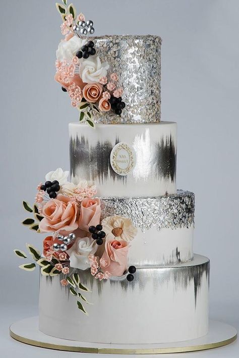 Metallic Wedding Cakes, Colorful Wedding Cakes, Silver Wedding Cake, Wedding Anniversary Cakes, Creative Wedding Cakes, Metallic Wedding, Silver Cake, Floral Wedding Cakes, Romantic Wedding Cake