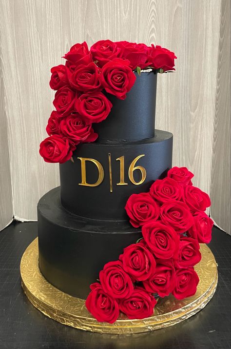 Black Red Cake, 50th Birthday Cake For Women, Dark Cake, Black Wedding Cake, Birthday Cake Roses, Black Red Wedding, Funny Wedding Cakes, 18th Bday, Black Cake