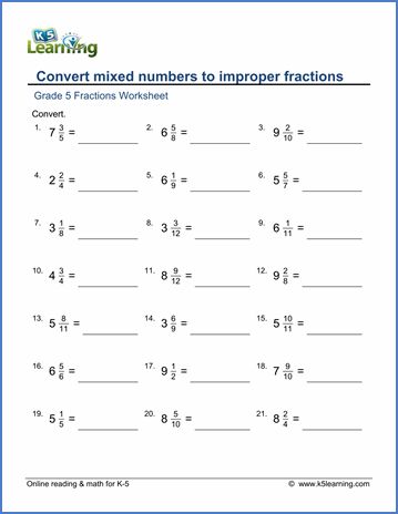 Grade 5 Fractions Worksheet converting mixed numbers to improper fractions Converting Fractions To Mixed Numbers, Convert Improper Fractions To Mixed Numbers, Proper And Improper Fractions Worksheets, Fractions Worksheets Grade 4, Improper Fractions To Mixed Numbers, Mixed Numbers And Improper Fractions, Fractions To Decimals Worksheet, Grade 5 Math Worksheets, Math Fractions Worksheets