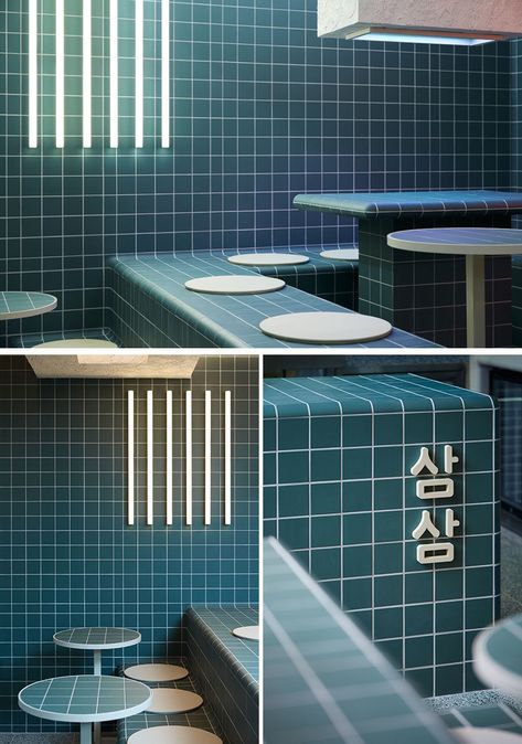 Restaurant Ideas - Deep blue-green tiles have been used throughout this modern restaurant to create a unified appearance that's inspired by retro 60's style and Korean bath houses. #Tile #RestaurantDesign #RestauarantIdeas Korean Bath House, Blue Green Tile, Bath Houses, Tiered Seating, Blue Cafe, Green Tiles, Small Restaurants, Small Restaurant, 60's Style