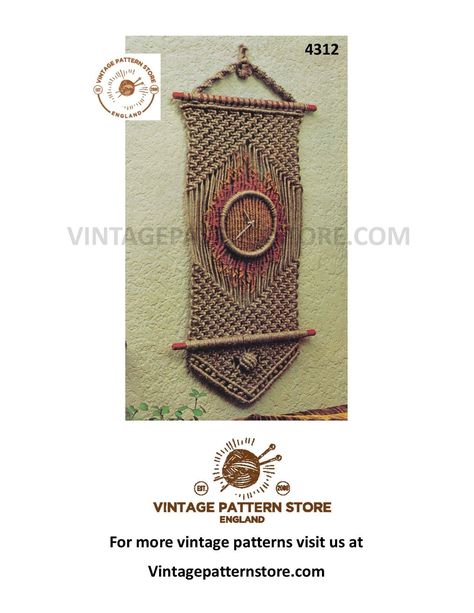 Macrame Clock, Retro Macrame, Wall Hanging Pattern, Clock Wall, Pattern Store, Macrame Ideas, Macrame Knots, 70s Vintage, Macrame Patterns