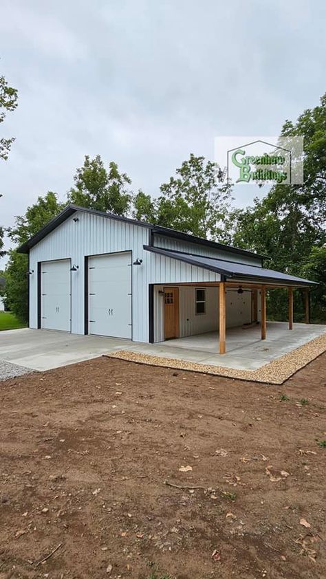 Garage Shop Plans Layout, Shop With Porch, Pole Barn Colors, Garage Building Ideas, Barn Garage Ideas, Motocross Shop, Pole Building Garage, Barn Organization, Metal Garage Buildings