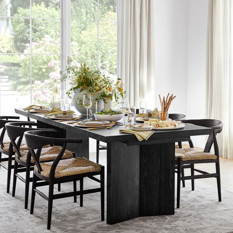 Knife Edge Extendable Dining Table | Williams Sonoma Black Dining Table And Black Chairs, Black Dining Table With Chairs, Black Timber Dining Table, Dark Wood Dining Table With Black Chairs, Dining Room Table For 10, Dining Room Inspiration Black Table, Transitional Dining Table And Chairs, Large Black Dining Table, Dining Chairs With Black Table