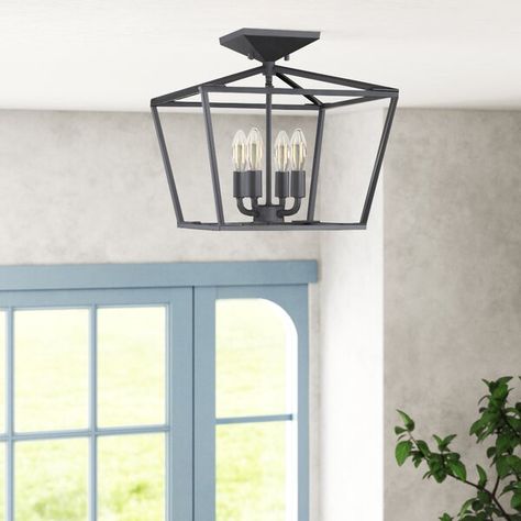 https://www.wayfair.com/lighting/pdp/birch-lane-devries-4-light-13-semi-flush-mount-w004205253.html?piid=67529286 Rustic Flush Mount Lighting, Sheer Roller Shades, Kitchen Island Linear Pendant, Lantern Chandelier, Entryway Ideas, Geometric Frame, Mood Lighting, Geometric Chandelier, Light Fixtures Flush Mount