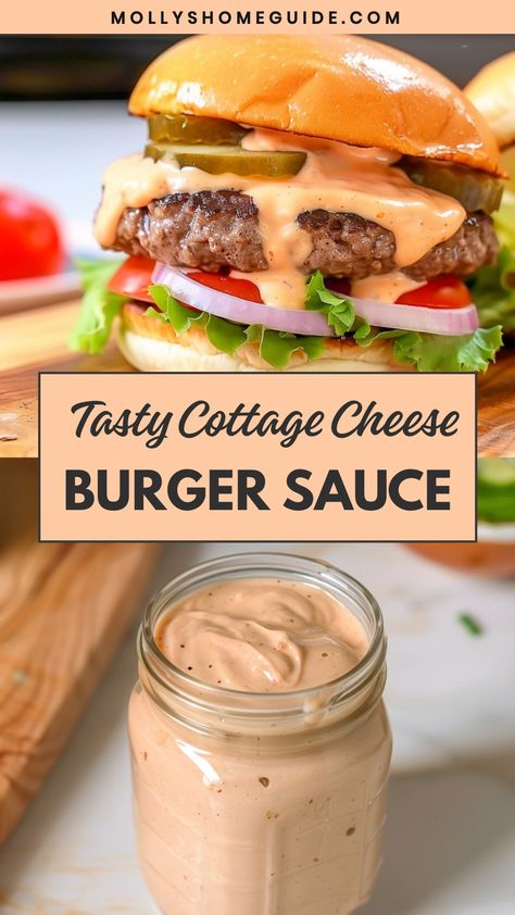 Indulge in the ultimate summer treat with our mouthwatering cottage cheese burger sauce recipe. This creamy and flavorful sauce is the perfect addition to your BBQ spread, adding a delicious twist to your classic burgers. Made with simple ingredients, this homemade sauce will elevate your grilling game and impress your friends and family.   Ingredients 1 cup cottage cheese 1/4 cup light mayo 1/4 cup sugar-free ketchup 1/4 cup plain greek yogurt 1/4 cup milk of choice 1/4 cup dill pickles, finely Low Calorie Burger Sauce, Cottage Cheese Mayo, Cottage Cheese Sauce Recipes, Cheese Burger Sauce, Cottage Cheese Sauce, Bbq Spread, Burger Sauce Recipe, Low Calorie Pancakes, Hamburger Sauce